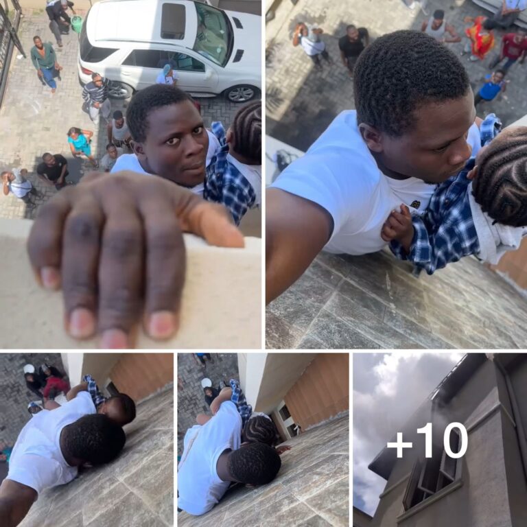 Brave Nigerian Man holds on to his baby while hanging off balcony as fire engulfs his house (video)